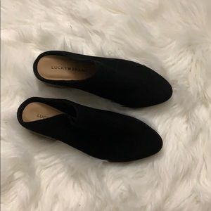 Like New-Lucky Brand Black suede slip on clogs